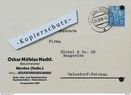 Oskar Möbius in Werdau i. Sa., 1959 , altes Dokument , Reklame / Werbung