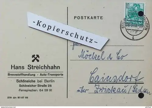 Brennstoffe - Hans Streichhahn in Schöneiche b. Berlin , 1960 , Zwickau , altes Dokument , Reklame / Werbung