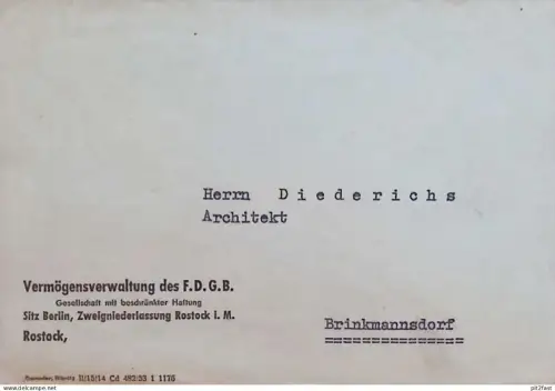 Vermögensverwaltung des FDGB , Architekt Diederichs in Rostock i. Mecklenburg , 1953 , alter Umschlag !!