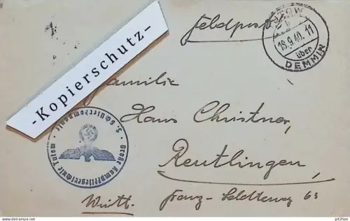 Große Kampffiegerschule Tutow i. Mecklenburg , 1940 , Demmin nach Reutlingen , Stempel , Flugzeug , Flieger !!