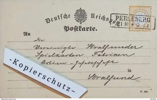Spielkartenfabrik Stralsund i. Mecklenburg , 1873 , Perleberg , Reichspost , Post , Spielkarten , Stahlstich !