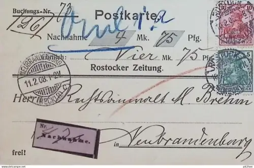 Rostocker Zeitung , Rostock i. Mecklenburg , 1908 , an Rechtsanwalt H. Brehm in Neubrandenburg , Nachnahme !!