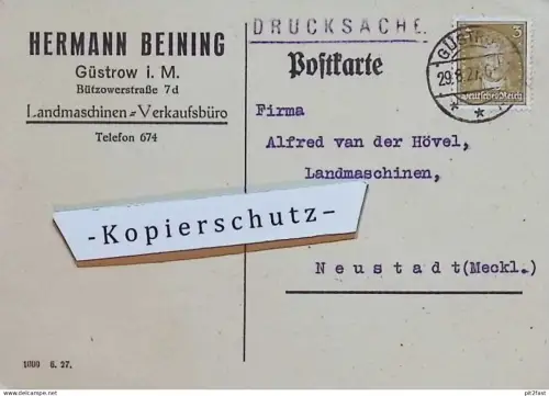 Hermann Beining in Güstrow i. Mecklenburg , 1927 , an Alfred van der Hövel in Neustadt , Reklame , Postkarte