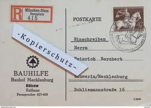 Bauhilfe - Bauhof Bützow i. Mecklenburg , 1943 , an Heinrich Borchert in Schwerin , Reklame , Postkarte