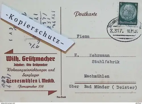 Sarglager - Wilhelm Grützmacher in Grevesmühlen i. Mecklenburg , 1939 , Machmühlen bei Bad Münder , Reklame , Postkarte