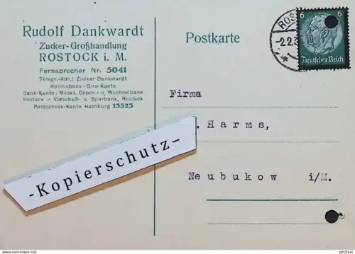 Zucker - Großhandel Rudolf Dankwardt in Rostock i. Mecklenburg , 1935 , Neubukow , Reklame , alte Postkarte !!