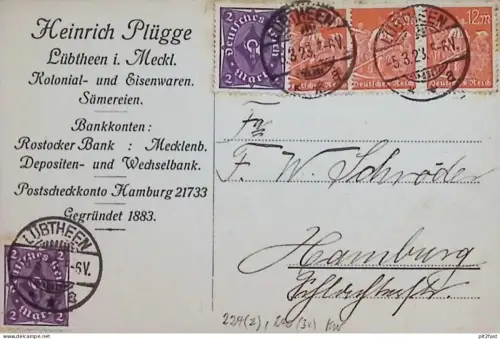 Kolonialwaren - Heinrich Plügge in Lübtheen i. Mecklenburg , 1923 , Reklame , alte Postkarte !!