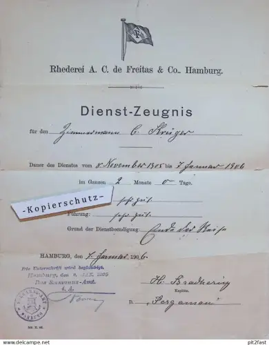 Dienst-Zeugnis , Rhederei A.C. de Freitas & Co. in Hamburg , 1906 , Kapitän Bradhering , C. Krüger Schiffahrt , Seefahrt