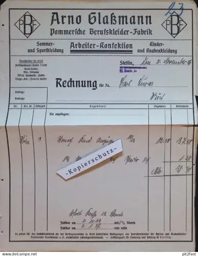 Pommersche Kleiderfabrik - Arno Glaßmann in Stettin i. Pommern , 1926 , altes Dokument / Rechnung !!