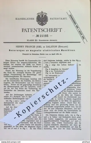 original Patent - Henry Francis Joel , Dalston , England | 1882 | magneto - elektrische Maschine | Strom , Elektromagnet