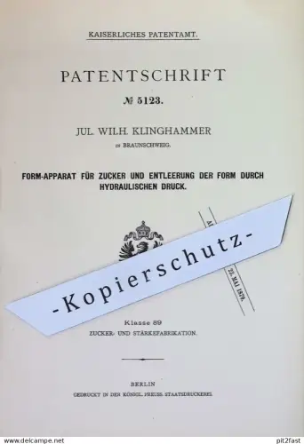 original Patent - Jul. Wilh. Klinghammer , Braunschweig | 1878 | Formapparat für Zucker | Zuckerfabrik | Form , Formen
