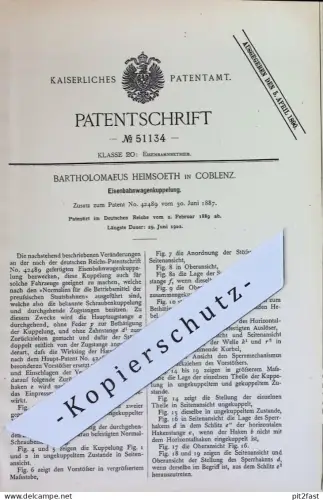 original Patent - Bartholomaeus Heimsoeth , Coblenz / Koblenz | 1889 | Eisenbahnwagenkupplung | Eisenbahn Kupplung | Lok