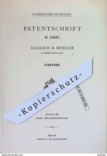 original Patent - Halbach & Moeller , Hagen / Westfalen | 1880 | Eissporn | Glatteis , Sporn | Schuh , Schuhwerk !!!