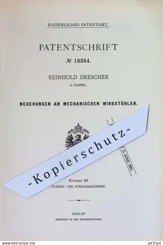 original Patent - Reinhold Drescher , Kappel | 1880 | mechanische Wirkstühle | Wirkstuhl | Stricken , Weben , Weberei !!