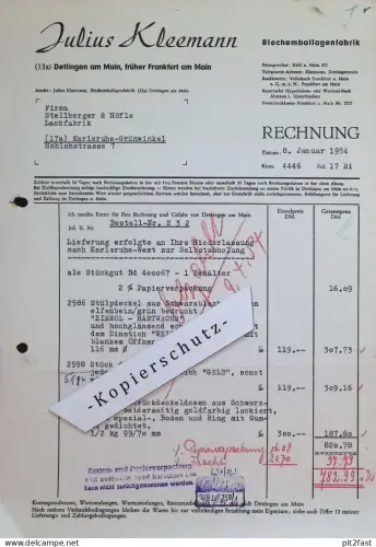 Blechemballagenfabrik - Julius Kleemann in Dettingen a. Main , 1954 , Karlstein  Rechnung / Dokument , Reklame / Werbung