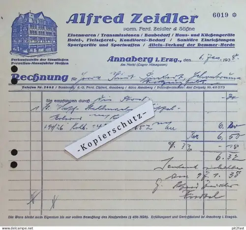 Eisenwaren - Alfred Zeidler in Annaberg i. Erzgebirge , 1938 alte Rechnung / Dokument , Reklame / Werbung !!