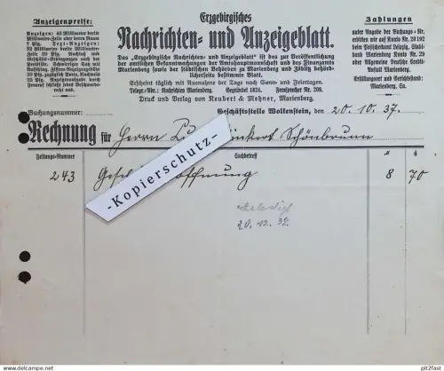 Nachrichten- und Anzeigeblatt in Wolkenstein , 1937  alte Rechnung / Dokument , Reklame / Werbung !!