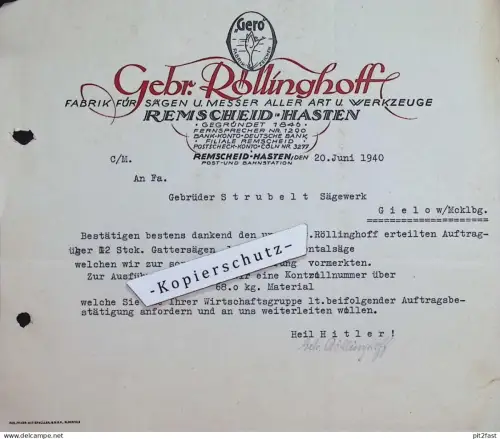 Gebr. Röllinghoff in Remscheid - Hasten , 1940 , alte Rechnung / Dokument , Reklame / Werbung !!