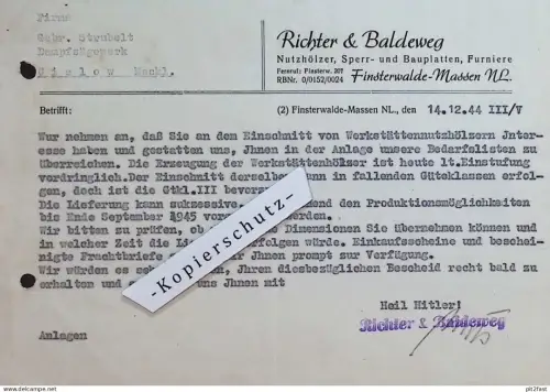 Richter & Baldeweg in Finsterwalde - Massen i. Niederlausitz , 1944 , alte Rechnung / Dokument !!