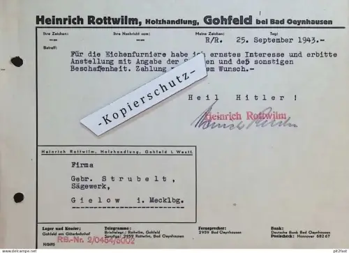 Holzhandlung - Heinrich Rottwilm in Gohfeld b. Bad Oeynhausen , 1943 , alte Rechnung / Dokument !!