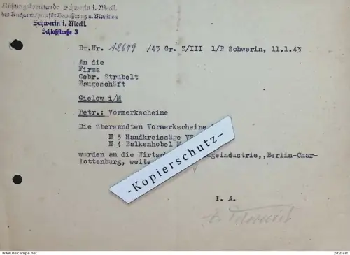 Rüstungskommando Schwerin i. Mecklenburg , 1943 , Bewaffnung und Munition alte Rechnung / Dokument !!
