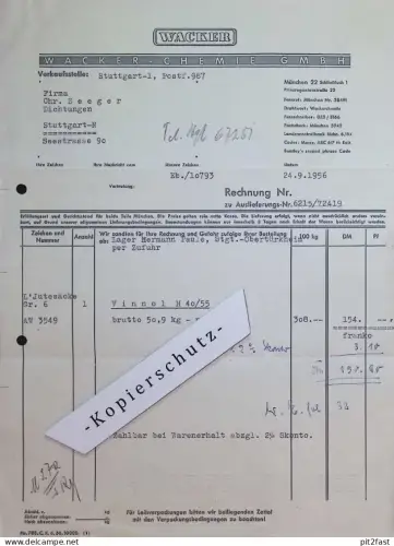 Wacker Chemie in Stuttgart , 1956 , alte Rechnung / Dokument !!