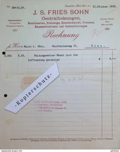 Heizungsbau - J.S. Fries in Frankfurt a. Main , 1915 , alte Rechnung / Dokument !!