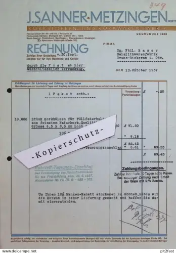 Kork-Fabrik , J. Sanner in Metzingen , 1937 , alte Rechnung / Dokument !!