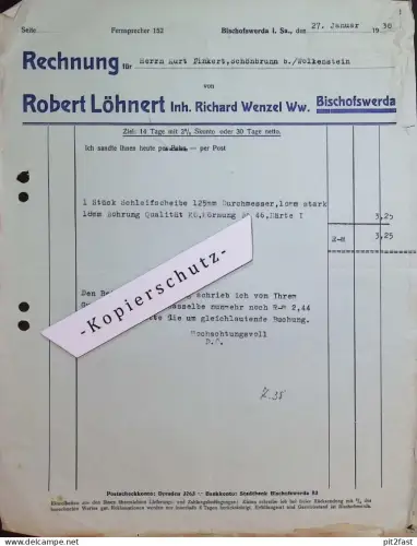 Robert Löhnert / Richard Wenzel in Bischofswerda , 1938  , alte Rechnung / Dokument !!
