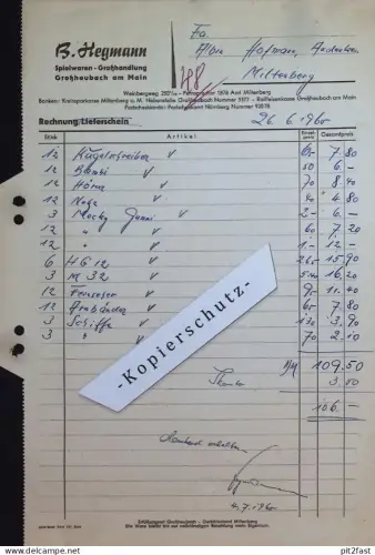 Spielwaren - B. Hegmann in Großheubach a. Main , 1960 , b. Miltenberg , alte Rechnung / Dokument !!