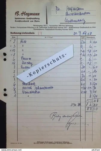 Spielwaren - B. Hegmann in Großheubach a. Main , 1958 , b. Miltenberg , alte Rechnung / Dokument !!