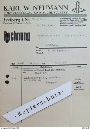 Verlag und Druckerei - Karl W. Neumann in Freiberg i. Sa., 1937 , alte Rechnung / Dokument !!