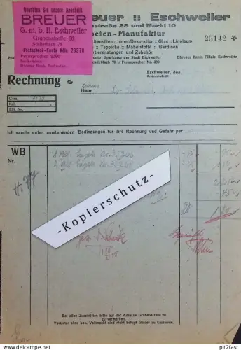 Tapeten-Manufaktur Breuer in Eschweiler , 1935 , alte Rechnung / Dokument !!