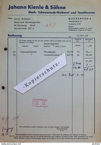 Scheuertuch-Weberei Johann Kienle & Söhne in Augsburg , 1958 , alte Rechnung / Dokument !!