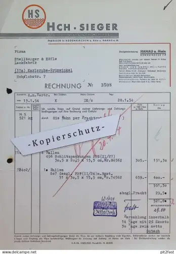 Wellpappe- Fabrik Heinrich Sieger in Rodenkirchen b. Köln , 1954 , alte Rechnung / Dokument !!