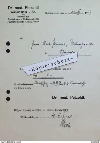 Dr. med. Petzoldt in Wolkenstein i. Sa. , 1937 , alte Rechnung / Dokument !!