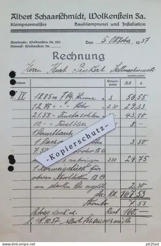 Klempnerei - Albert Schaarschmidt in Wolkenstein i. Sa. , 1937 , alte Rechnung / Dokument !!
