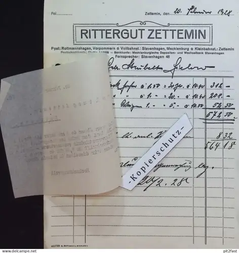 Rittergut Zettemin in Mecklenburg , 1928 , bei Neubrandenburg , alte Rechnung / Dokument !!