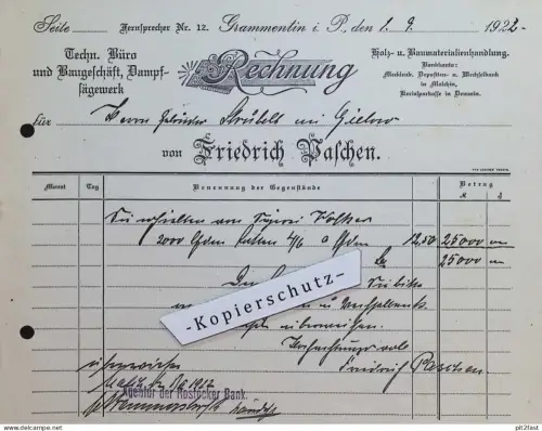 Dampf-Sägewerk Friedrich Paschen in Grammentin in Mecklenburg , 1922 , alte Rechnung / Dokument !!