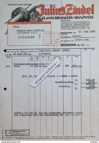 Flanschenfabrik - Julius Zindel in Ebersbach a. Fils , 1952 , alte Rechnung / Dokument !!