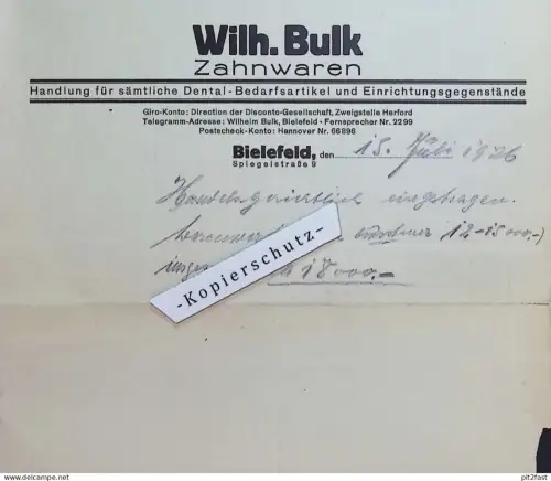 Zahnwaren - Wilhelm Bulk in Bielefeld , 1926 , Zahnarzt , Dental , Dentallabor , alte Rechnung / Dokument !!