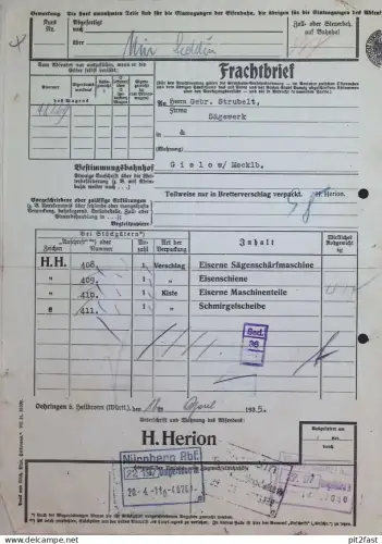 Frachtbrief , 1935 , H. Herion in Oehringen b. Heilbronn , Öhringen , Gielow , Eisenbahn , Reichsbahn , Mecklenburg !!