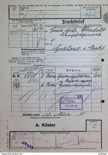 Frachtbrief , 1935 , A. Küster Remscheid Hasten , Bahnhof Wanne-Eickel , Gielow Eisenbahn , Reichsbahn , Mecklenburg !!