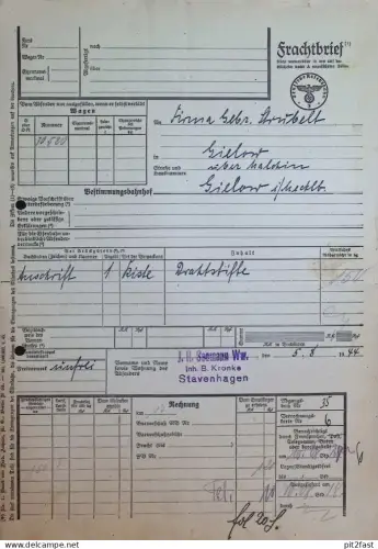 Frachtbrief , 1944 , J.H. Seemann / B. Kronke in Stavenhagen , Eisenbahn , Reichsbahn , Mecklenburg !!