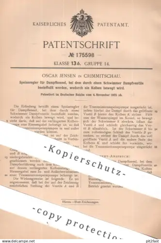 original Patent - Oscar Jensen , Crimmitschau | 1905 | Speiseregler für Dampfkessel | Wasserkessel | Pumpe , Kessel !!