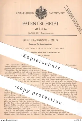 original Patent - Eugen Clarenbach , Berlin | 1894 | Feuerung für Dauerbrandöfen | Ofen , Öfen , Heizung , Ofenbauer !!