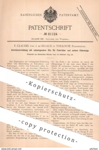 original Patent - E. Claudel , J. de Rigaud , Toulouse , Frankreich | 1894 | Antrieb mit Sitz für Fahrräder & Fahrzeuge