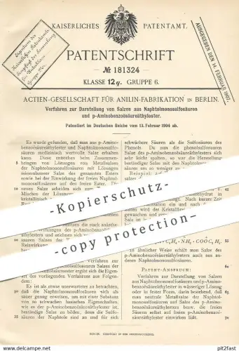 original Patent - AG für Anilin - Fabrikation Berlin | Salze aus Naphtolmonosulfosäure und p-Aminobenzoësäureäthylester