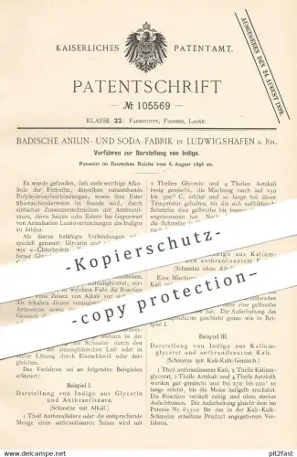 original Patent - Badische Anilin- & Soda-Fabrik , Ludwigshafen a. Rh. 1898 , Darstellung von Indigo | Farbstoff , Farbe