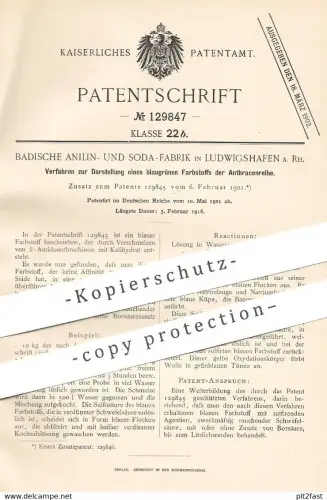 original Patent - Badische Anilin- & Soda-Fabrik , Ludwigshafen a. Rh. , 1901 , blaugrüner Farbstoff der Anthracenreihe